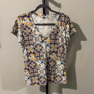 Chic V-Neck Mosaic Print Blouse